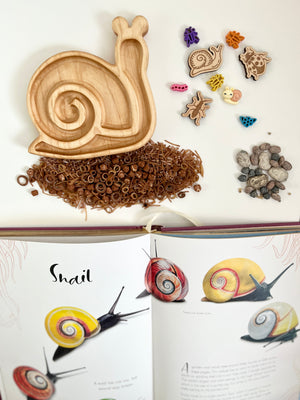 Wooden snail-shaped tray on natural brown sensory materials with small bug toys, pebbles, and an open snail illustration book