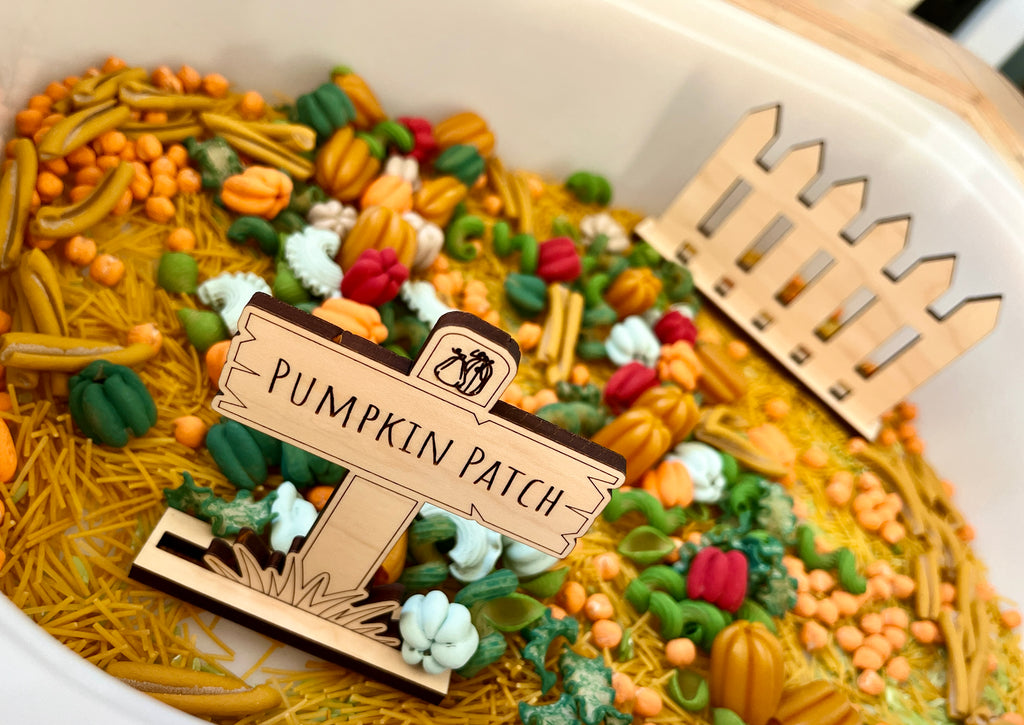 Wooden pumpkin patch sign surrounded by colorful dried pasta shapes and miniature pumpkins in a white container