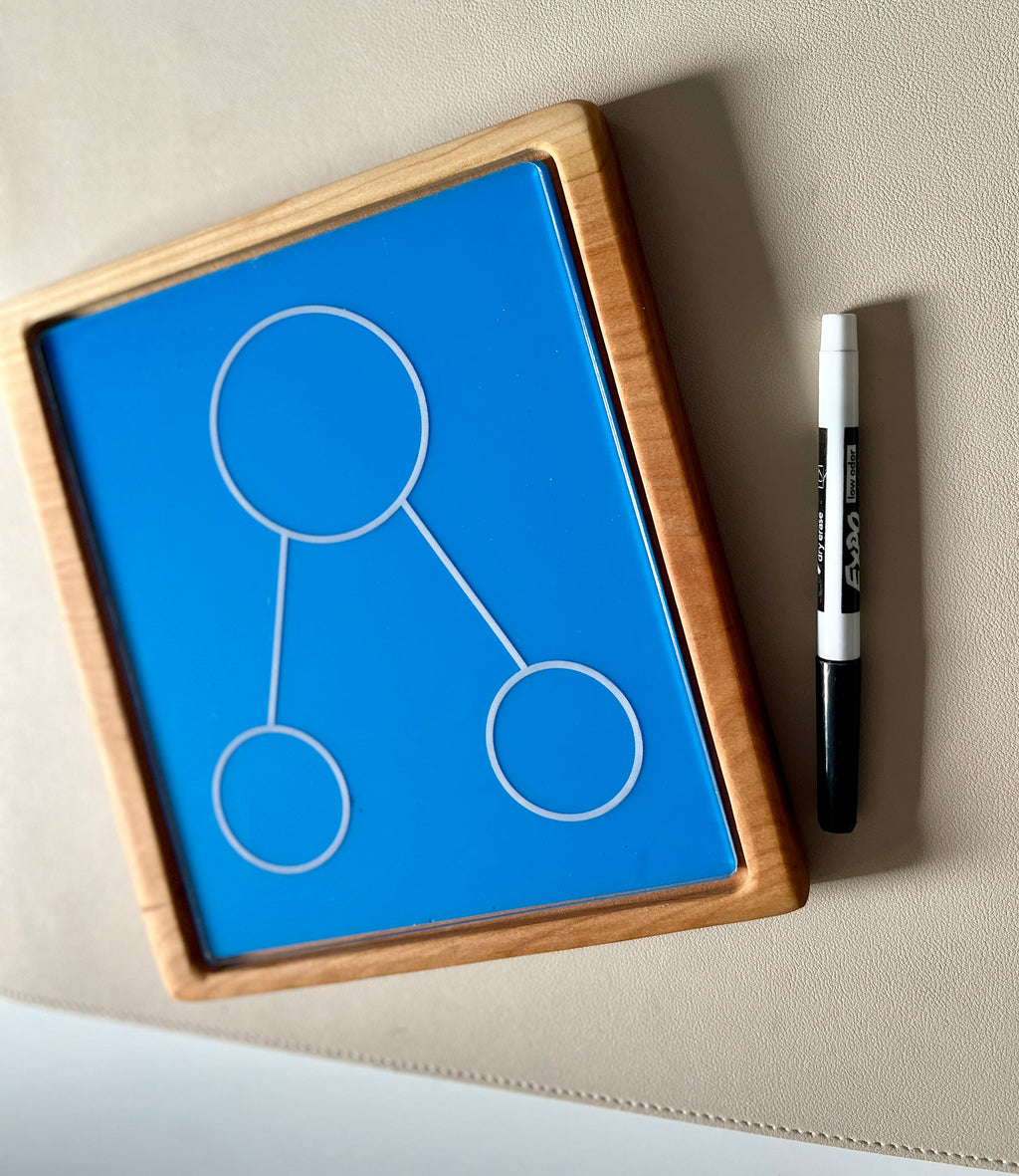 Rectangular wooden-framed blue board with three connected circles next to a black and white marker on beige surface