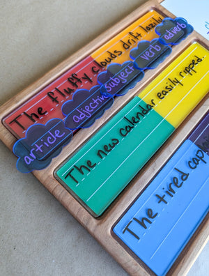 Wooden tray with colorful sentence strips and cloud-shaped grammar labels on a beige surface