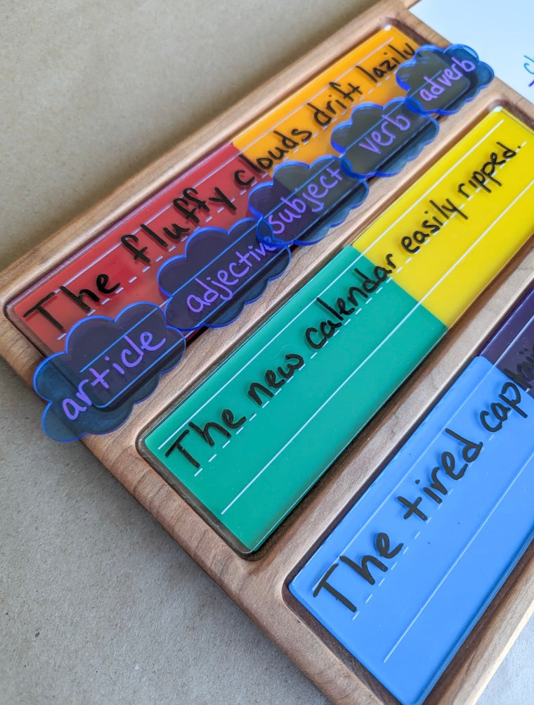 Wooden tray with colorful sentence strips and cloud-shaped grammar labels on a beige surface
