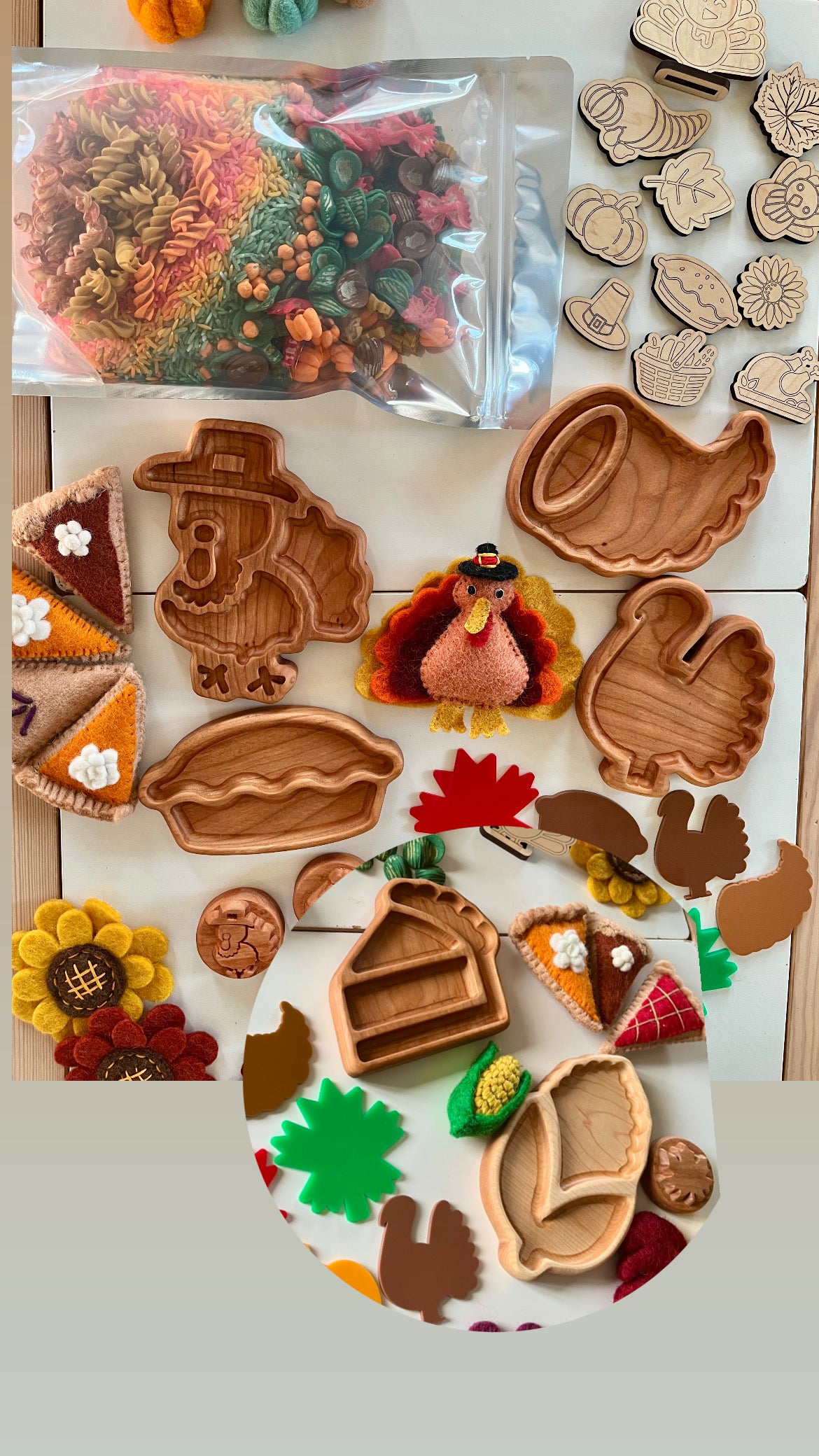 Wooden Thanksgiving-themed trays shaped like turkey, pumpkin, pie, and Pilgrim hat with felt decorations and colorful pasta pieces in a bag