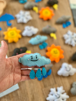 Hand holding a smiling blue felt cloud with raindrop details, with a background of various colorful Felt Weather Shapes, Made in Canada, handcrafted, homeschool, education resources.