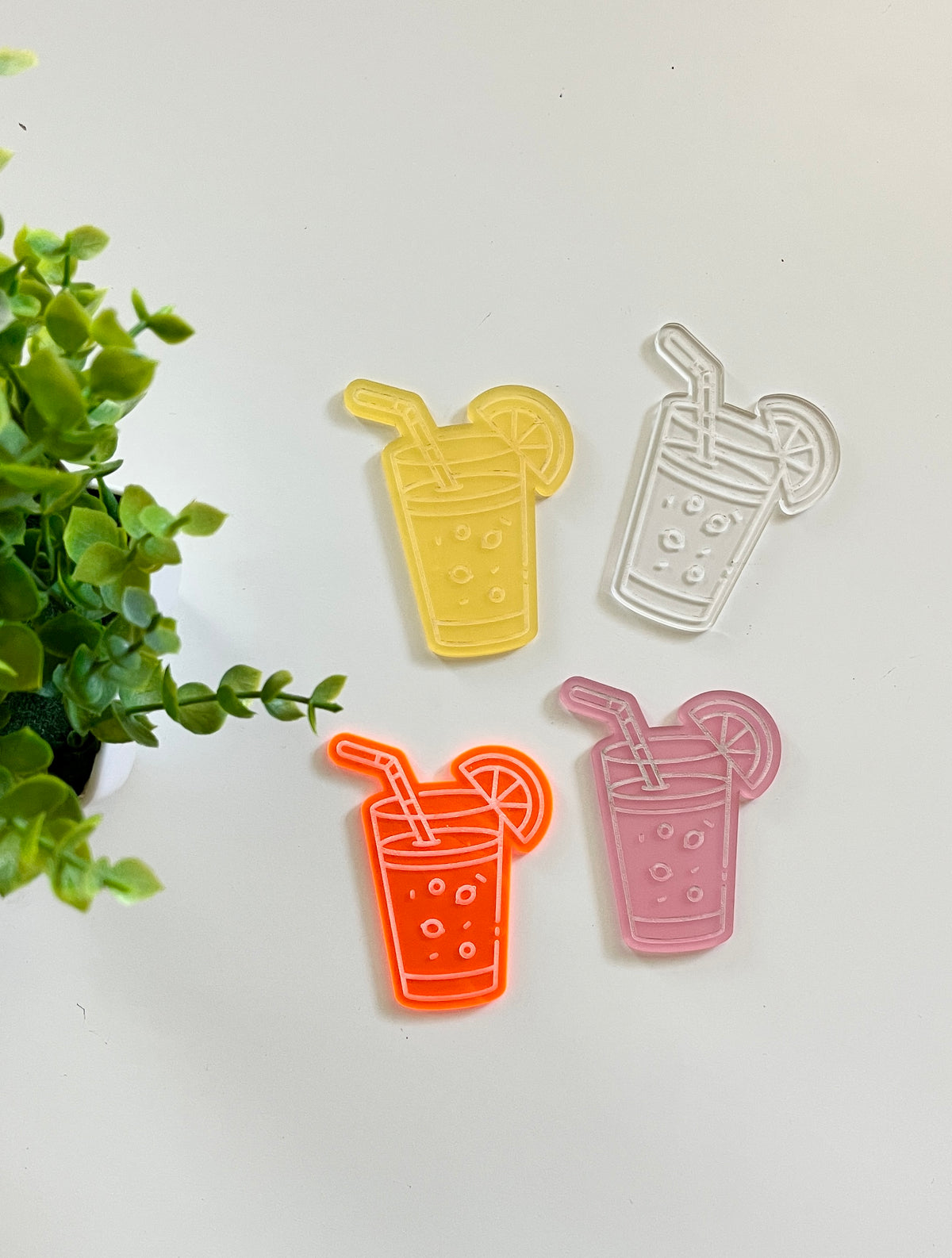 Four translucent acrylic drink-shaped pieces in yellow, clear, red, and pink arranged on a white surface next to a green plant