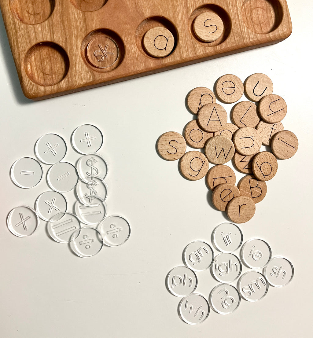 Mini Wood or Clear Acrylic Discs | Set of 75 Blends and Digraphs featuring handcrafted wooden and clear acrylic pieces with letters and phonics blends, unique homeschool education resources.