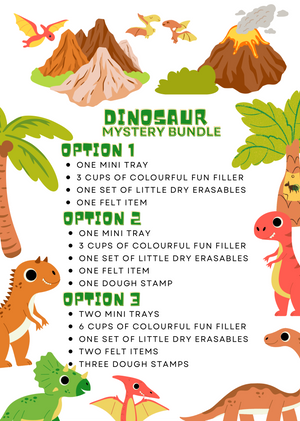 Colorful dinosaur-themed graphic with erupting volcano, greenery, and three bundle options listed in playful green text.