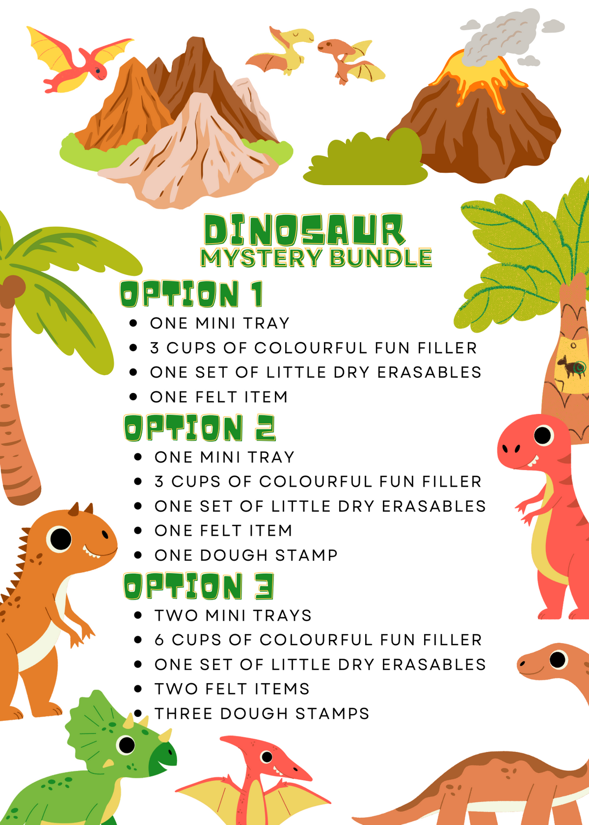Colorful dinosaur-themed graphic with erupting volcano, greenery, and three bundle options listed in playful green text.