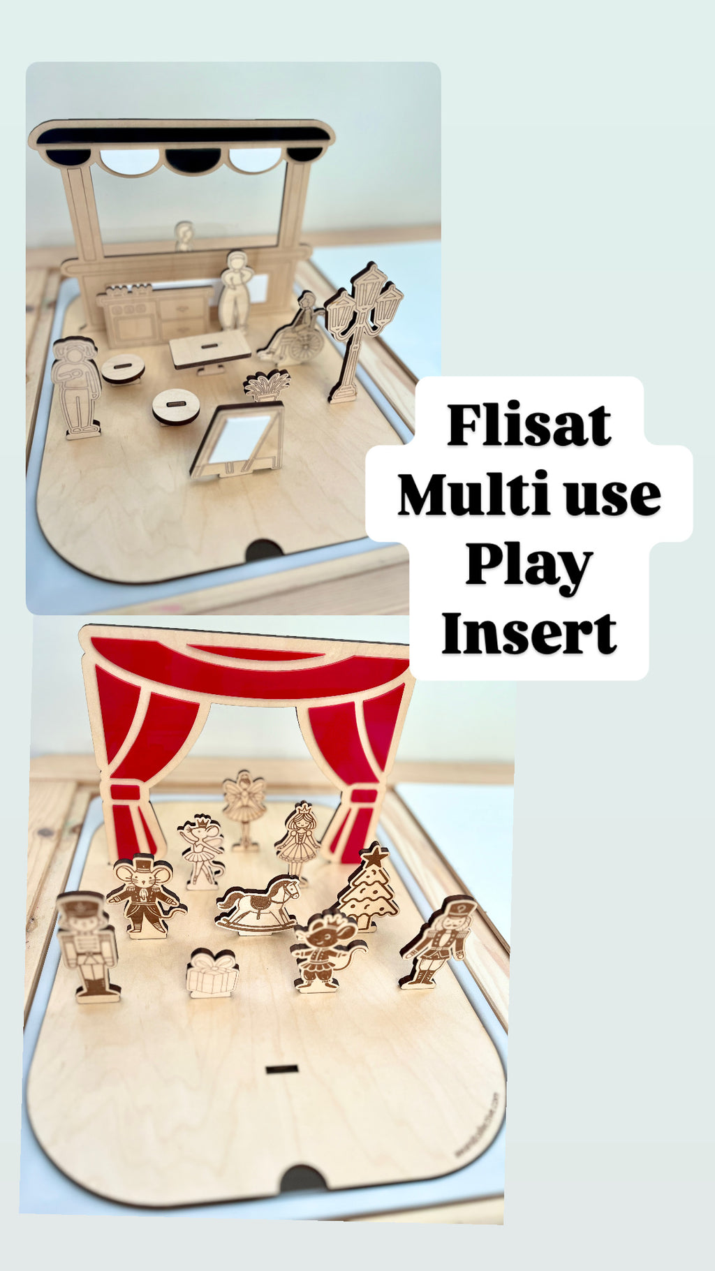 Wooden playset with interchangeable laser-cut figures and props including a stage with red curtains and streetlamp details