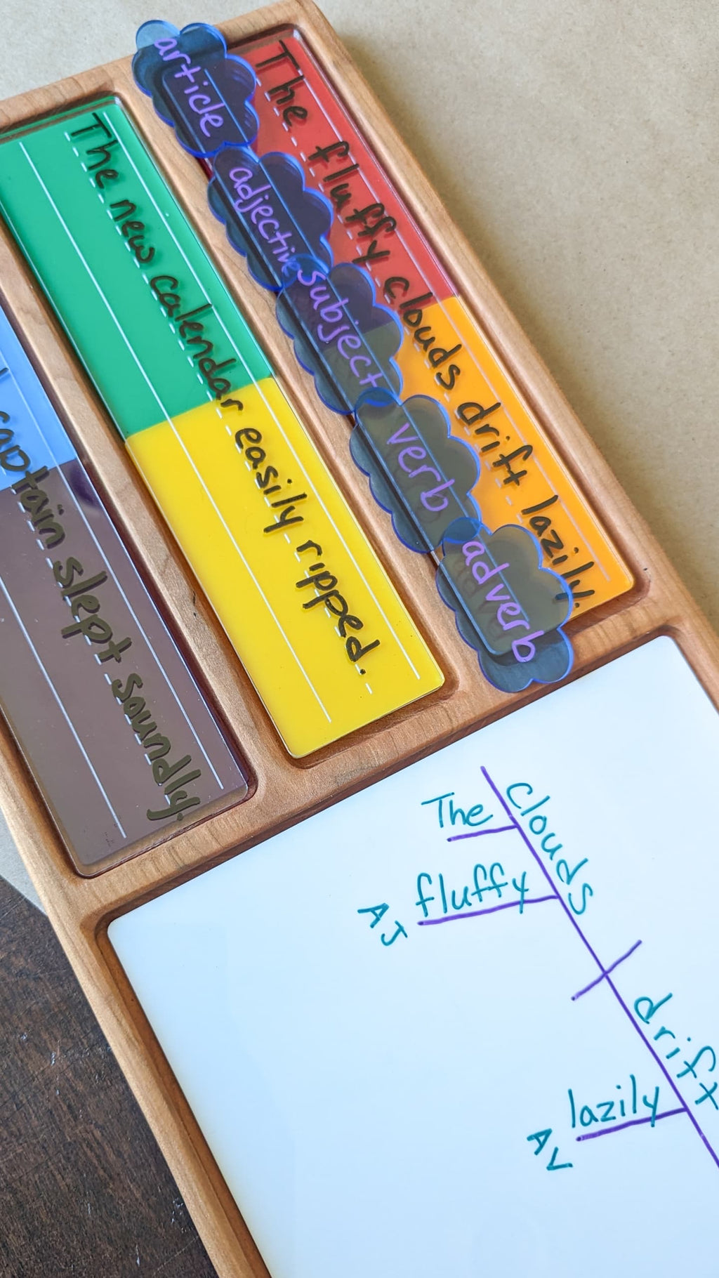 Wooden organizer tray with colorful sentence strips and cloud-shaped grammar labels arranged on a beige surface