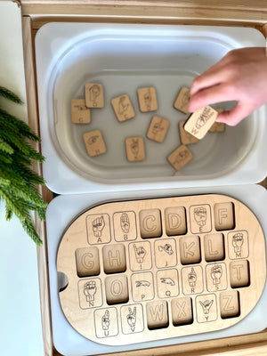 Maple wood ASL puzzle insert with American Sign Language alphabet pieces fitting small Flisat bin topper