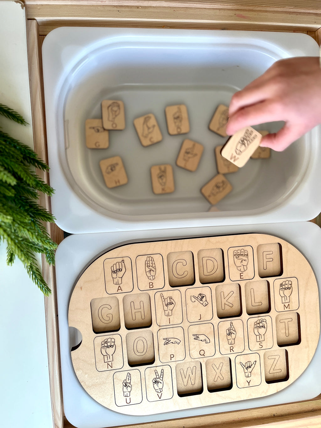 Maple wood ASL puzzle insert with American Sign Language alphabet pieces fitting small Flisat bin topper