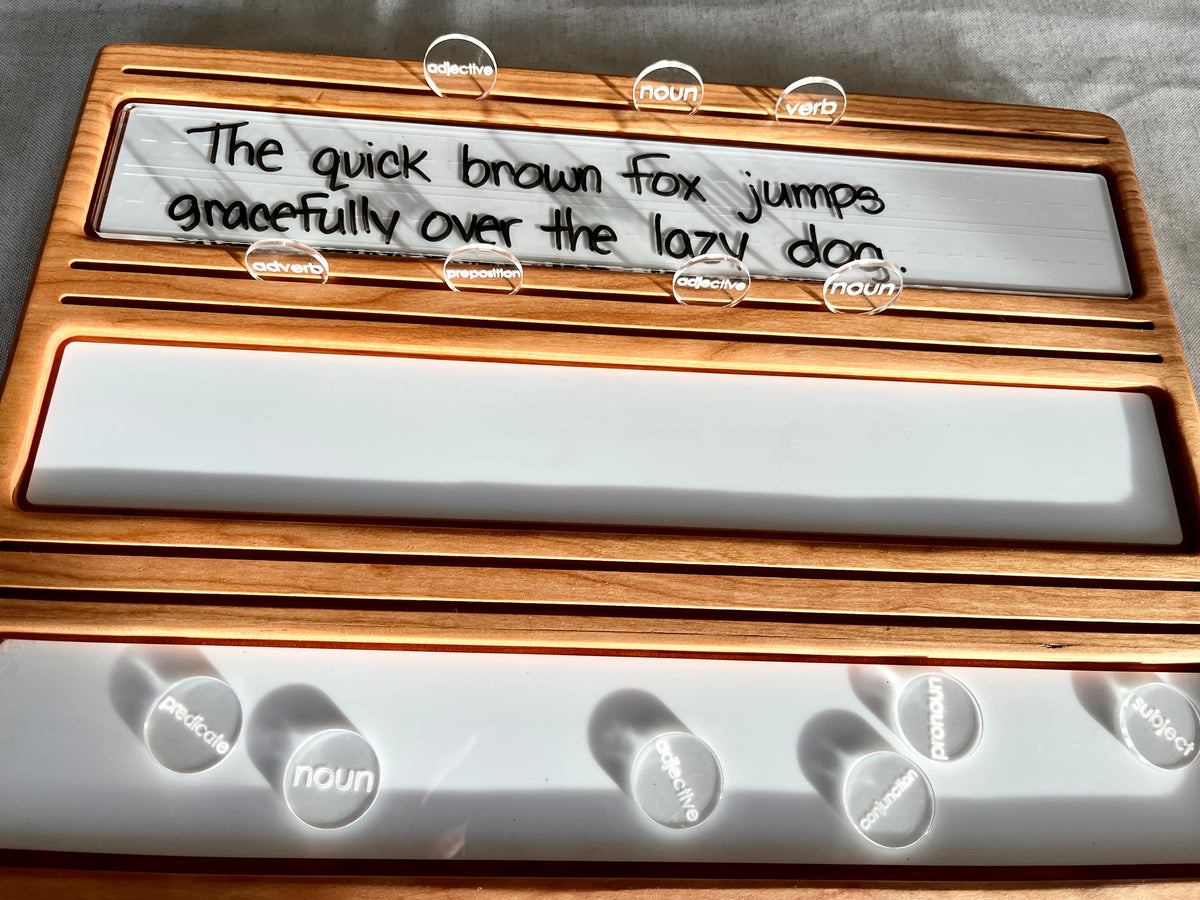 Mini Wood or Clear Acrylic Parts of Speech / Grammar Label Discs featuring clear acrylic discs engraved with parts of speech terms placed on a wooden tray with handwritten sentence for homeschool education resources.