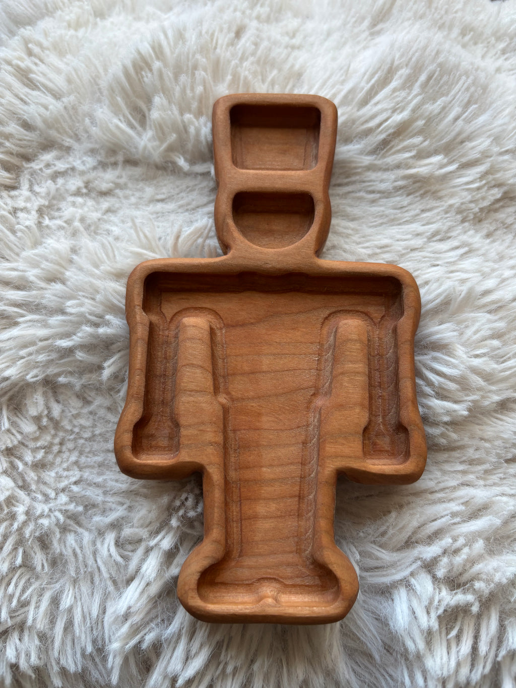 Ready to Ship, Nutcracker Soldier Mini Tray carved from smooth natural wood with defined compartments, handcrafted homeschool educational resources and sensory filler wood tray.