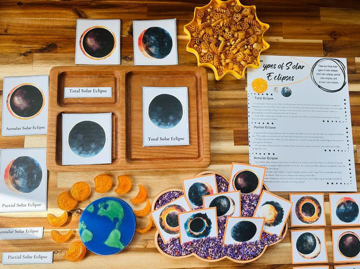Educational solar eclipse learning materials with labeled wooden trays and celestial model on wood table