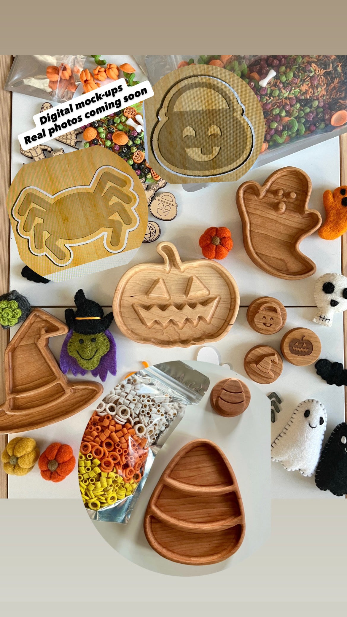 Wooden trays and stamps shaped like Halloween ghost, pumpkin, spider, witch hat, and candy corn with seasonal craft supplies