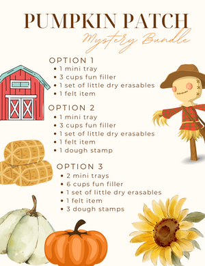 Illustrated Pumpkin Patch mystery bundle choices with hay bales, barn, scarecrow, pumpkins, and sunflower decorations on light background