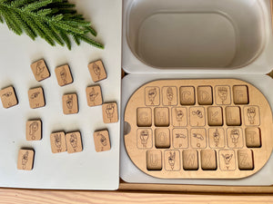 Maple wood ASL American Sign Language alphabet puzzle Flisat table top insert with letter and hand sign pieces in small bin
