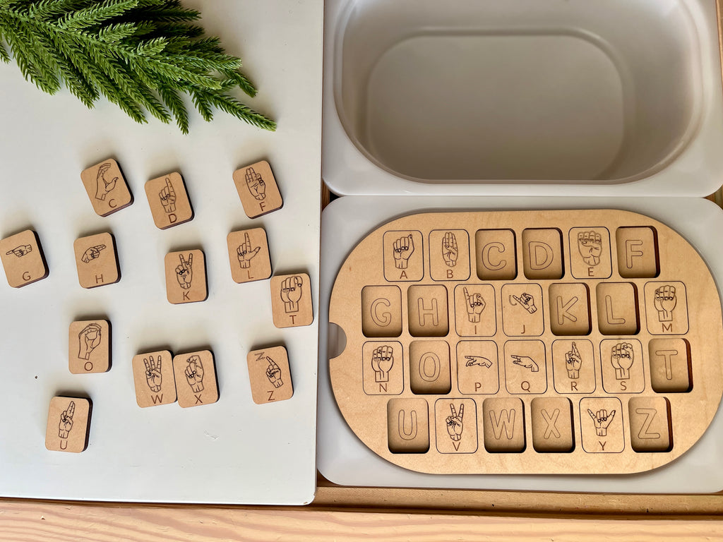 Maple wood ASL American Sign Language alphabet puzzle Flisat table top insert with letter and hand sign pieces in small bin