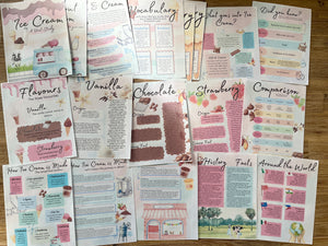 Digital Download | Ice Cream Unit Study displaying an assortment of printable pages with flavor descriptions, history, vocabulary, fun facts, and educational activities for handcrafted homeschool education resources.