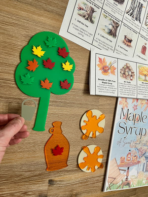 Little Dry Erasables - Pancakes with Maple Syrup, Maple Tree and Leaves showing a green tree with colorful leaf magnets, syrup jug, bucket, syrup splat shapes, and educational printable pages, handcrafted homeschool education resources.
