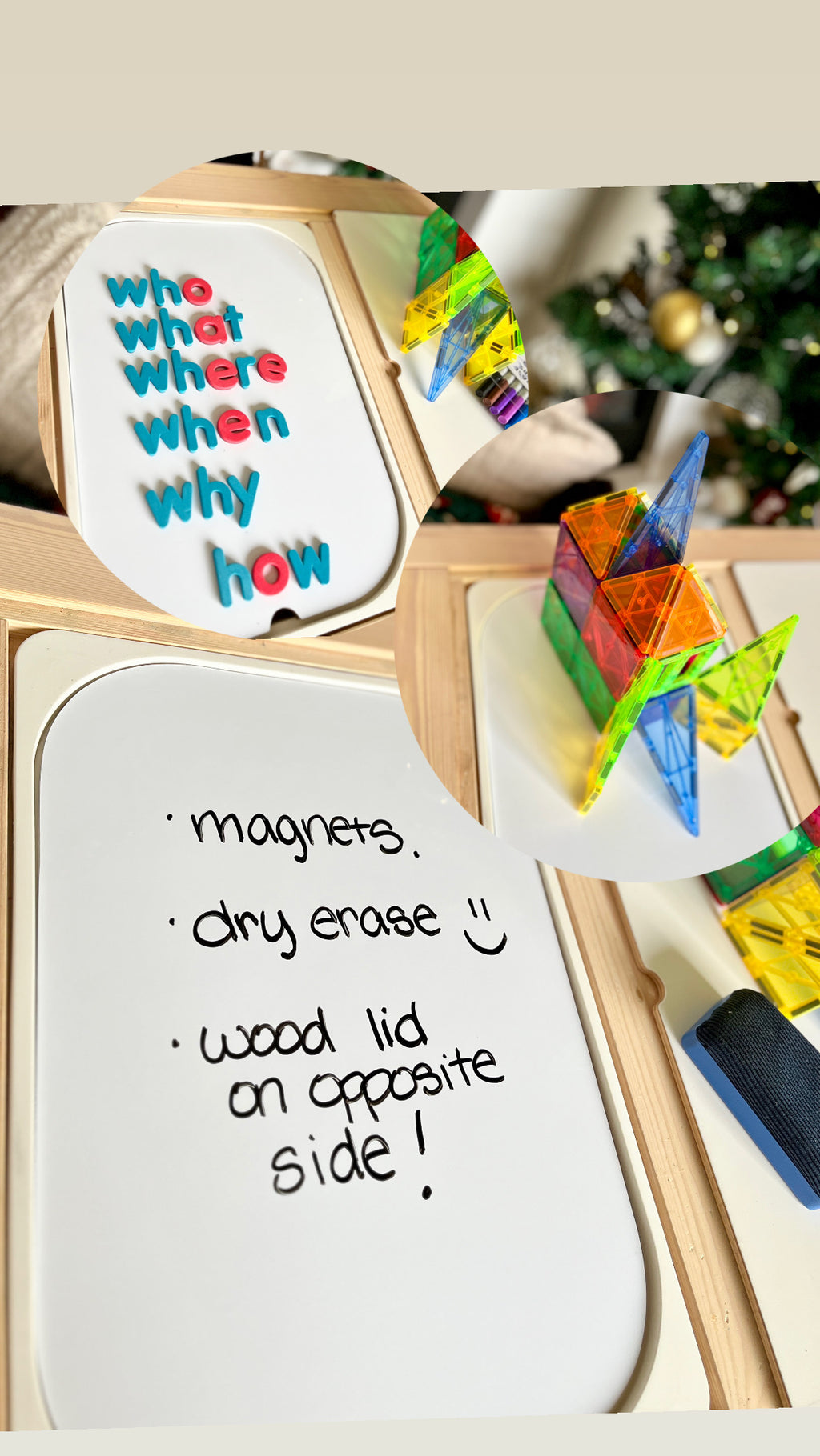 Colorful geometric magnetic tiles assembled on wooden tray beside dry erase board with magnets spelling question words