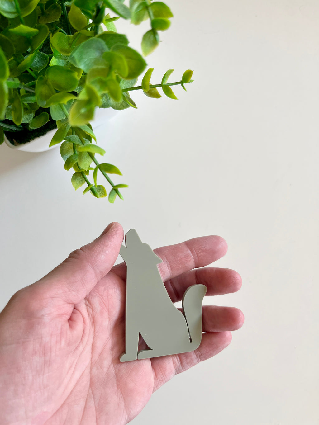 Hand holding a smooth light gray wolf-shaped cutout with a green leafy plant overhead on a light surface