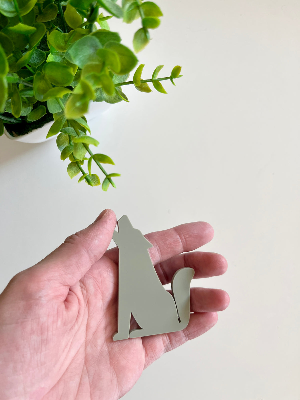 Hand holding a smooth light gray wolf-shaped cutout with a green leafy plant overhead on a light surface