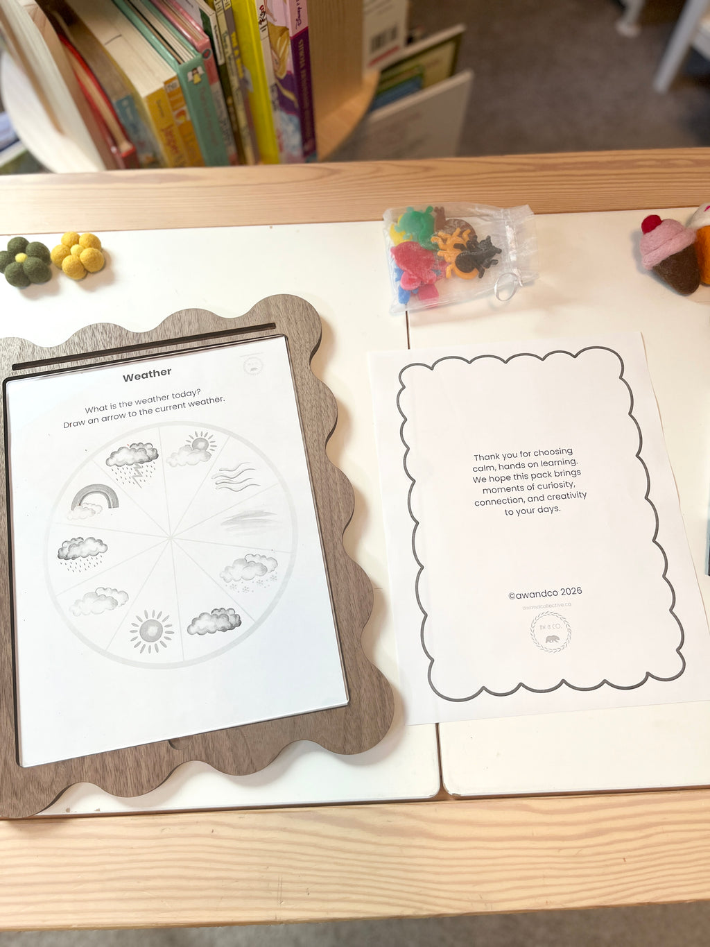 Educational materials on a table with books in the background