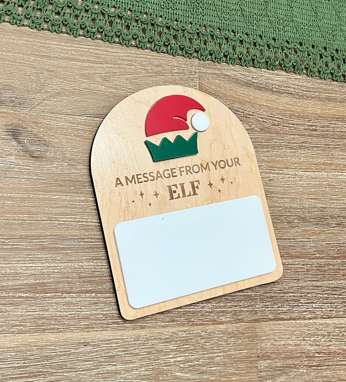 Ready to Ship A Message From Your Elf Dry Erase Mini Sign handcrafted from wood with festive elf hat design, ideal homeschool educational resources for creative holiday messages.