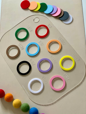 Clear acrylic color chart with labeled colored rings and matching solid color discs on a beige background