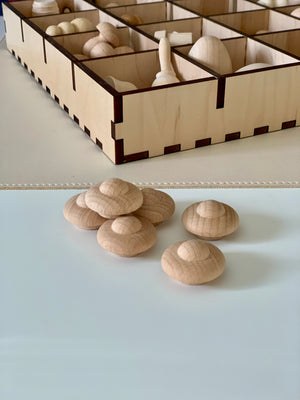 Six rounded smooth natural wooden shapes placed on a white surface with a divided wooden storage box in background