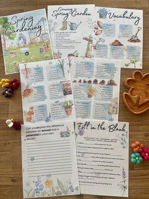 Layout of colorful printable educational worksheets and activity pages featuring plant life cycle diagrams, gardening vocabulary, and fill-in-the-blank exercises, designed as Digital Download | Spring Gardening Complete Unit Study with handcrafted homeschool education resources.