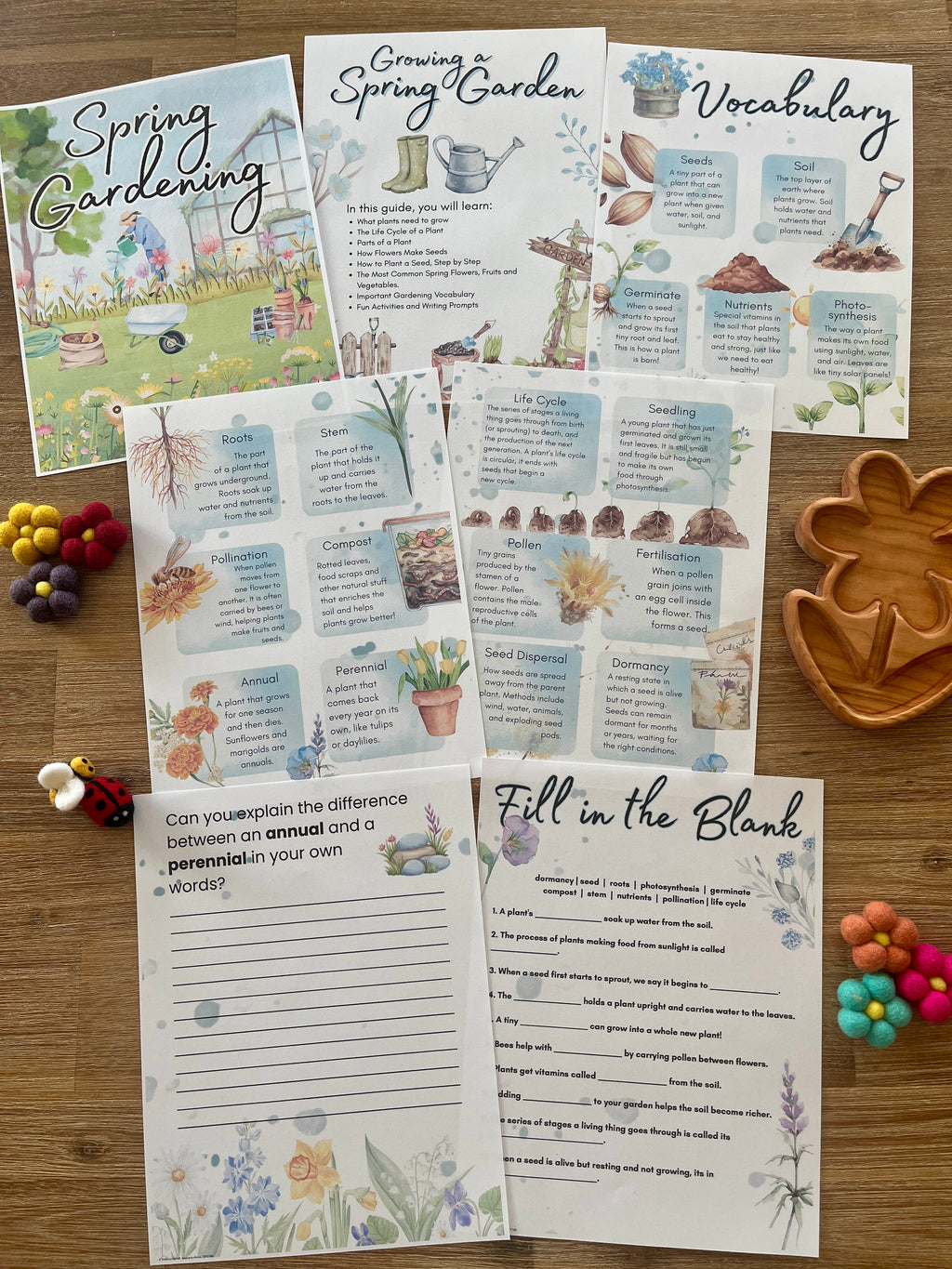 Layout of colorful printable educational worksheets and activity pages featuring plant life cycle diagrams, gardening vocabulary, and fill-in-the-blank exercises, designed as Digital Download | Spring Gardening Complete Unit Study with handcrafted homeschool education resources.