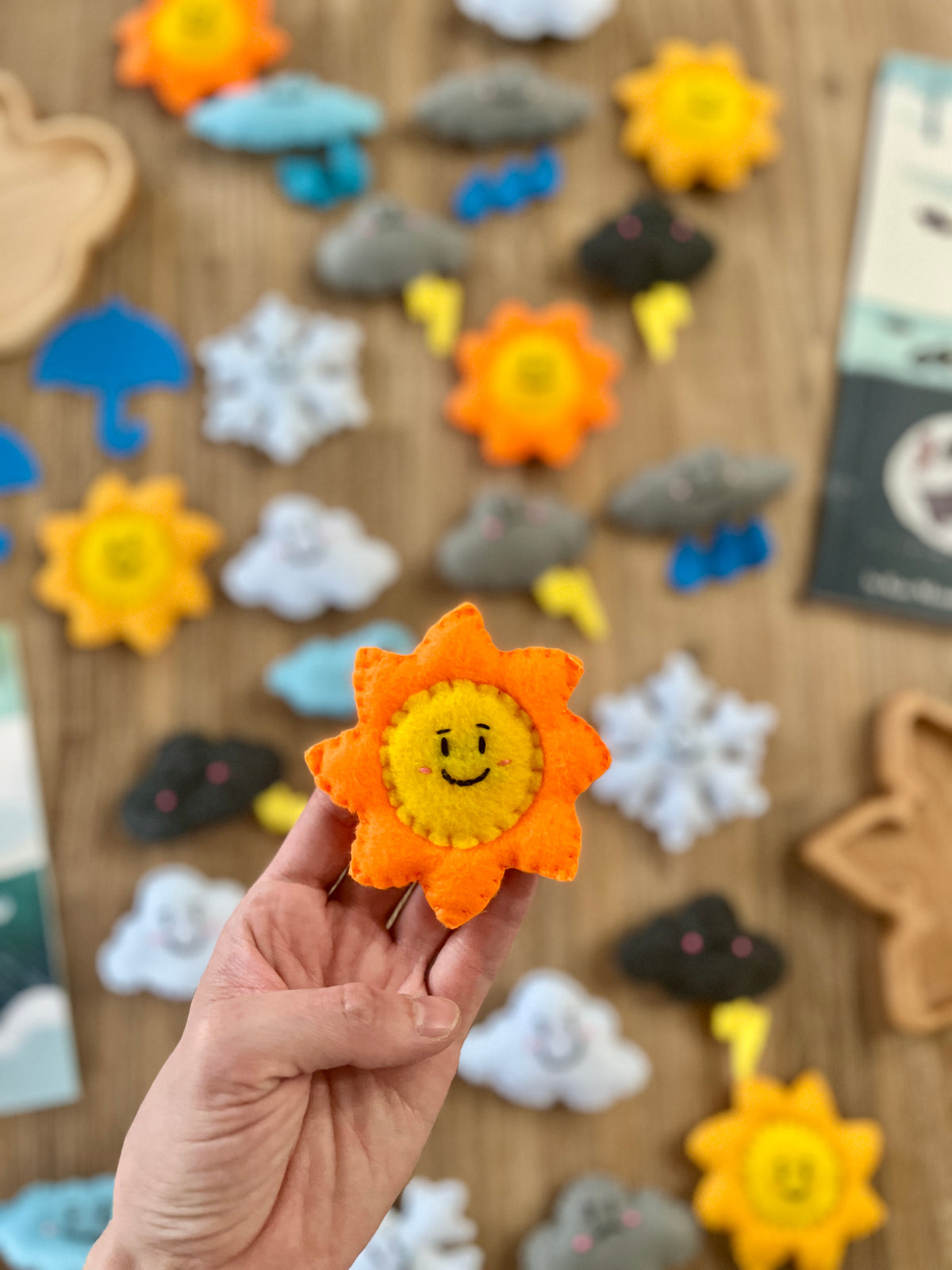 Hand holding an orange felt sun with a smiling face, surrounded by assorted colorful Felt Weather Shapes, Made in Canada, handcrafted, homeschool, education resources.