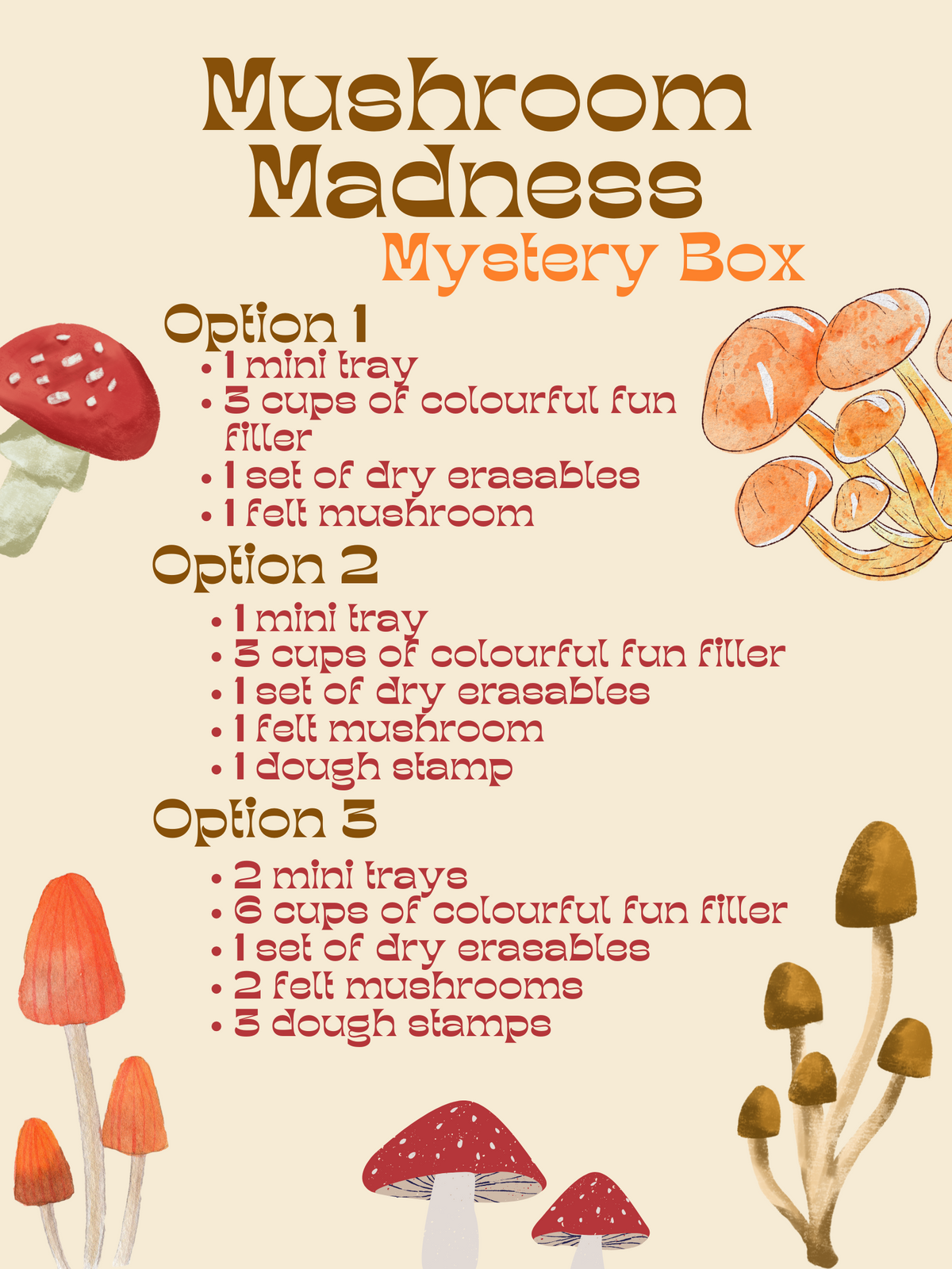 Graphic listing three Mushroom Madness mystery box options with watercolor mushroom illustrations on cream background