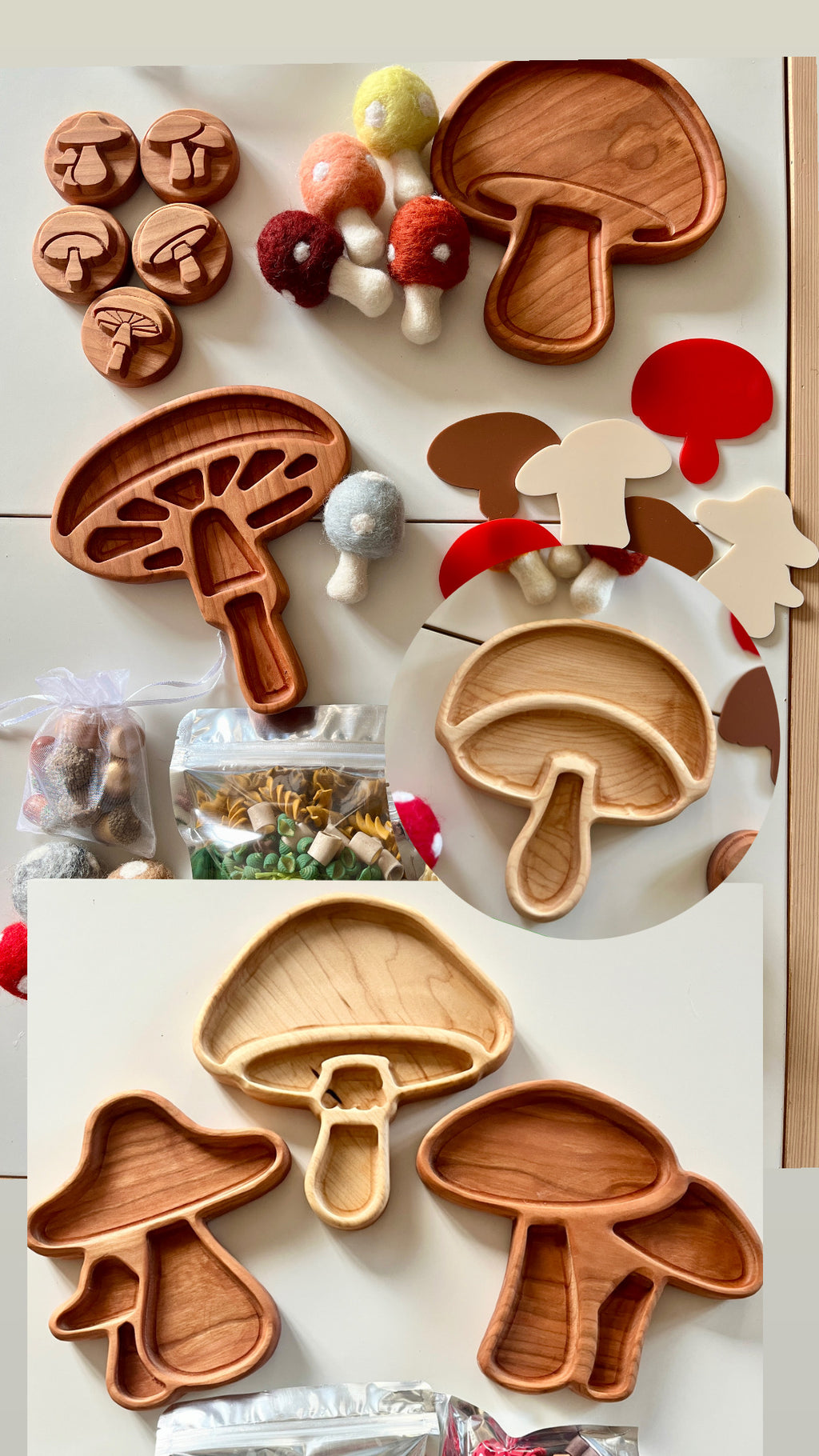 Wooden mushroom-shaped trays and stamps with colorful felt mushrooms and pasta on light background