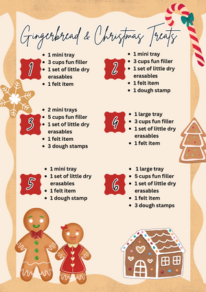 Christmas treats list with numbered kit details, candy cane, gingerbread people, snowflake, and decorated tree illustrations on beige background