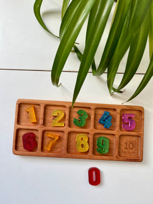 Wooden tray with ten numbered cutouts and colorful translucent number pieces, zero piece placed outside tray by green plant leaves