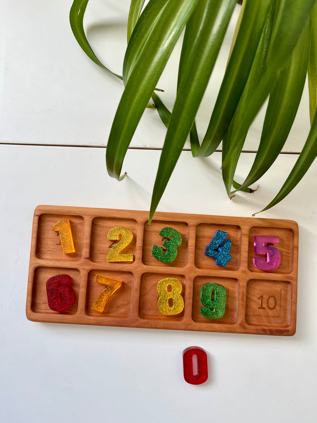 Wooden tray with ten numbered cutouts and colorful translucent number pieces, zero piece placed outside tray by green plant leaves
