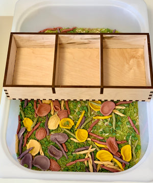 Wooden three-compartment tray positioned above a sensory bin filled with colorful dried pasta and green split peas