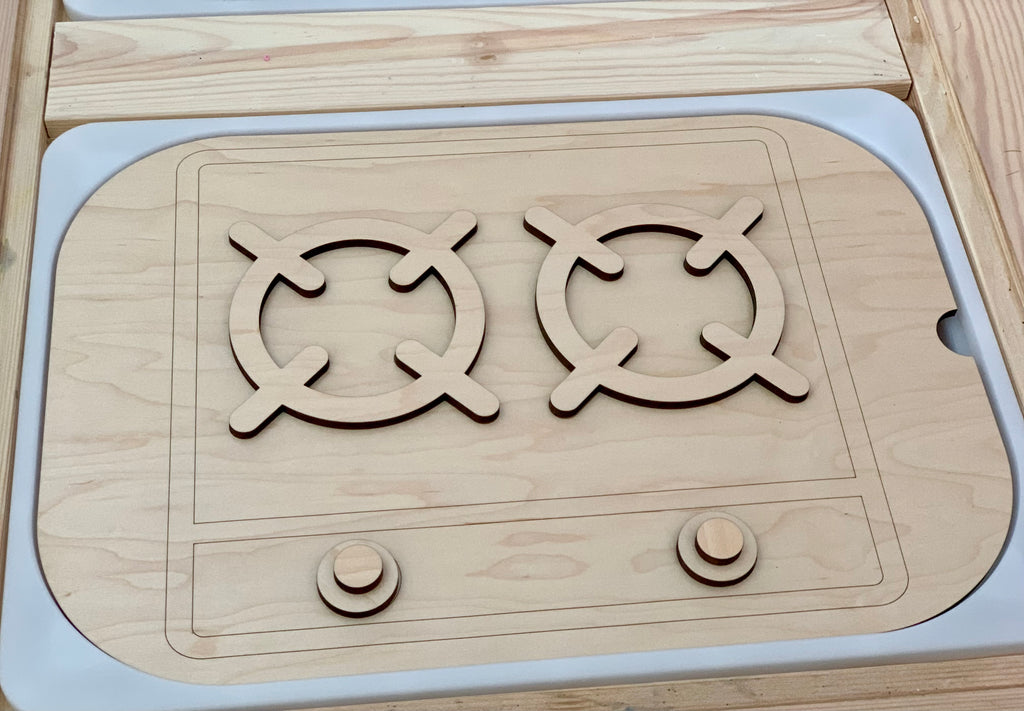Wooden stove top insert with two burners and turnable knobs made from maple plywood and acrylic