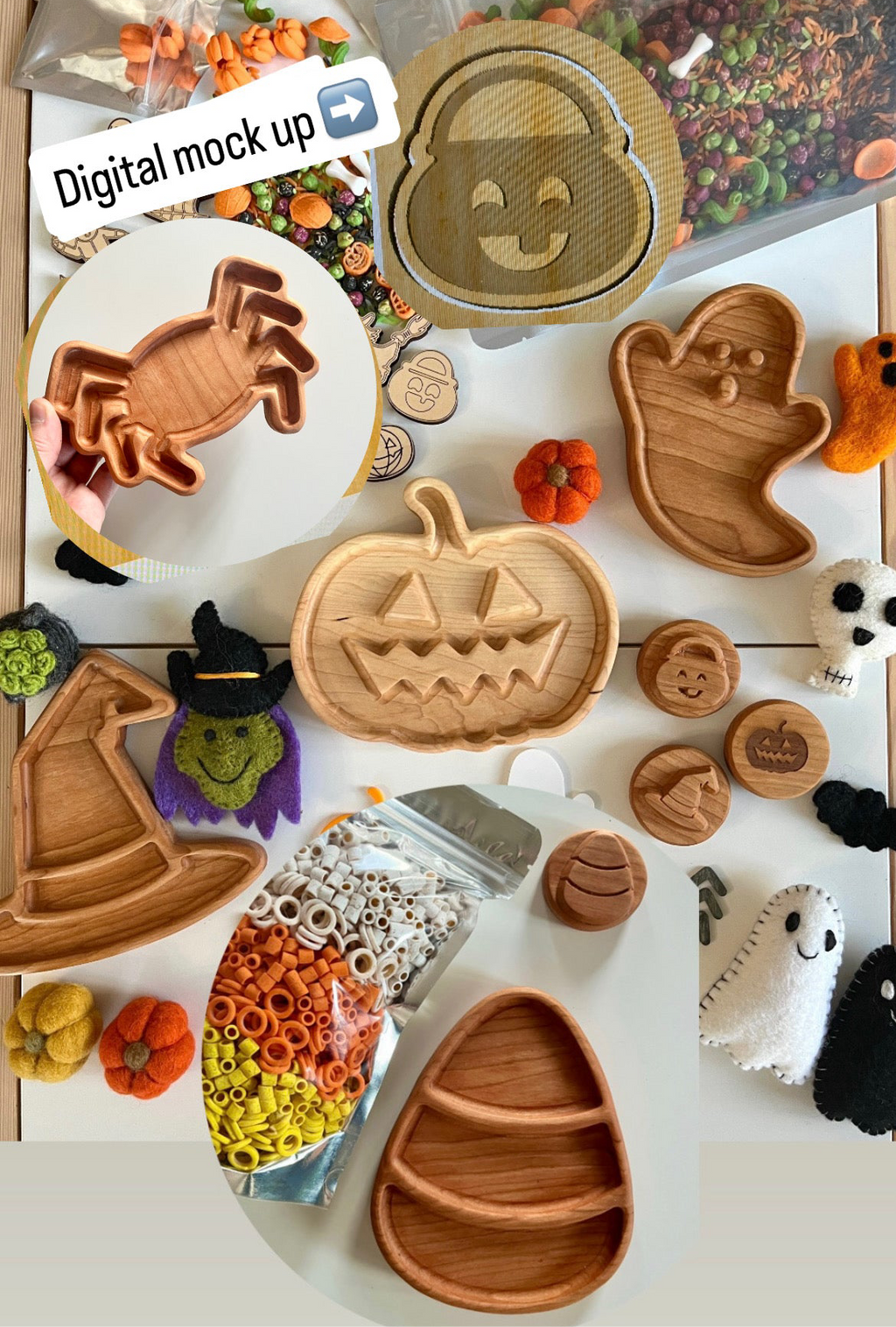 Halloween-themed wooden trays shaped like pumpkin, ghost, candy corn, witch hat, and crab surrounded by autumn decor and craft supplies