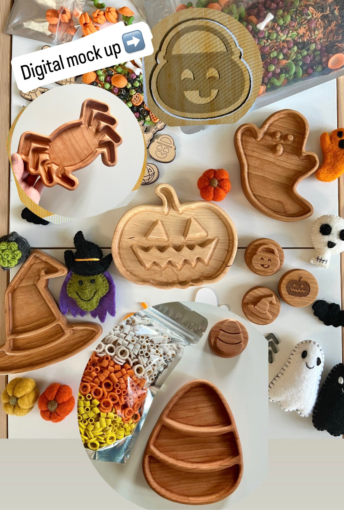 Halloween-themed wooden trays shaped like pumpkin, ghost, candy corn, witch hat, and crab surrounded by autumn decor and craft supplies