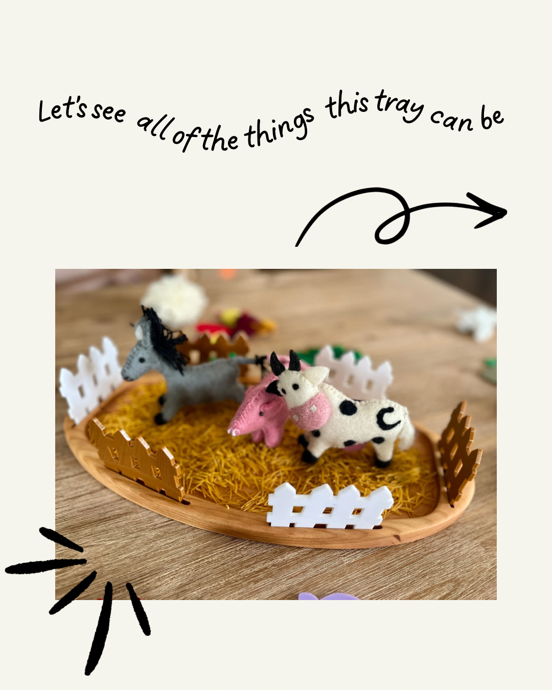 Multipurpose Oval Sensory Tray displaying felt farm animal figures and small fence pieces on a textured sensory filler, handcrafted, homeschool, education resources.