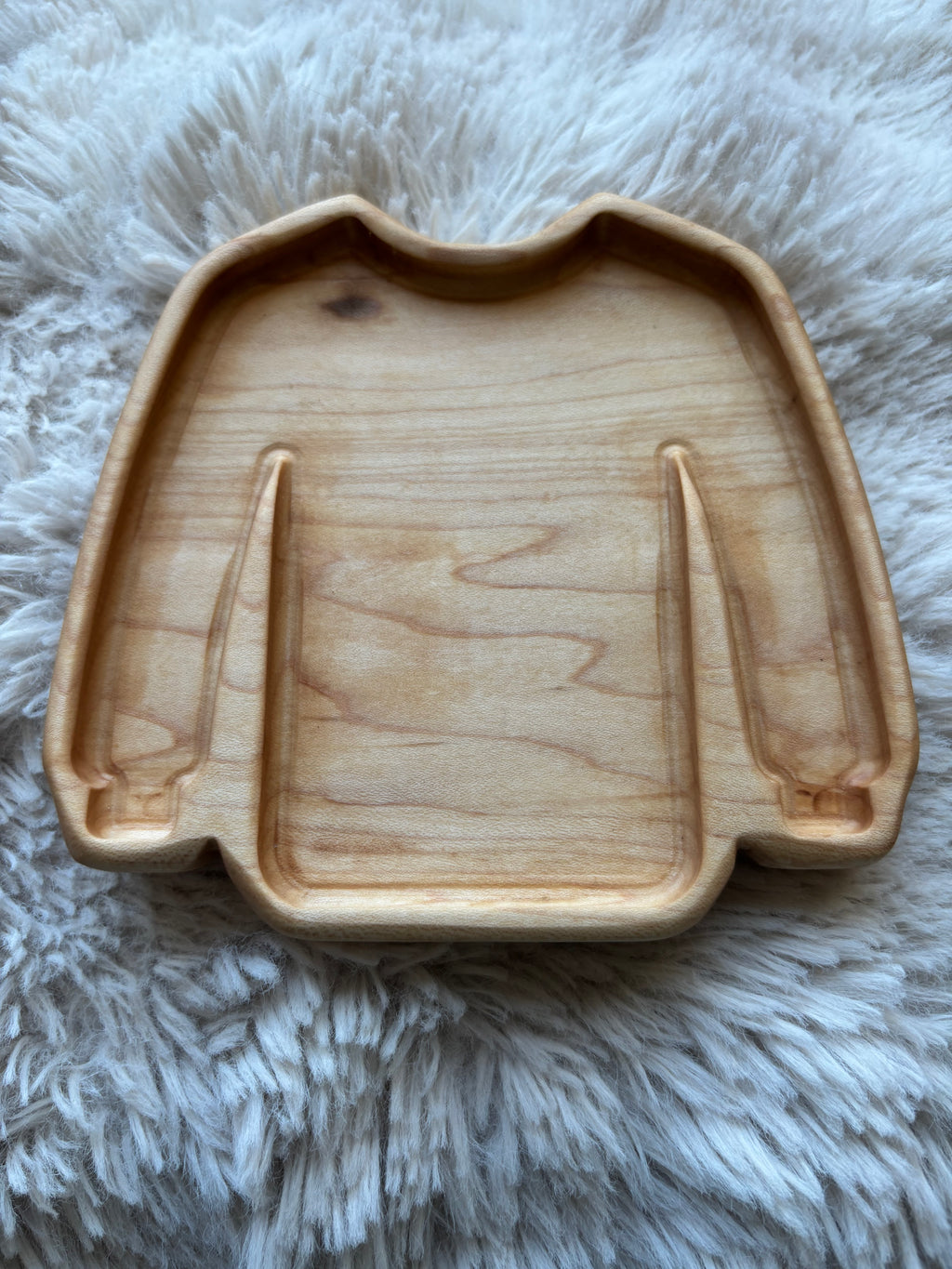 Ready to Ship, Sweater Mini Tray crafted from smooth natural wood in the shape of a sweater with segmented compartments, handcrafted homeschool educational resources and sensory filler wood tray.