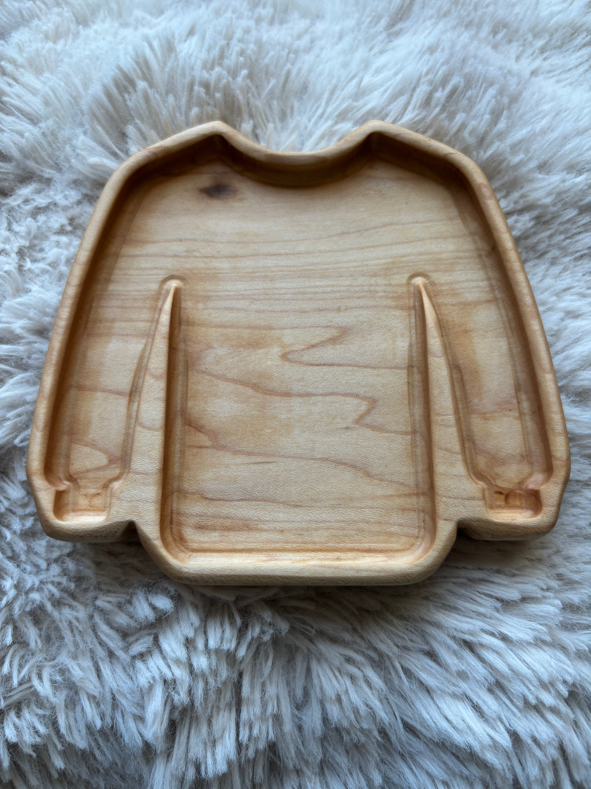 Ready to Ship, Sweater Mini Tray crafted from smooth natural wood in the shape of a sweater with segmented compartments, handcrafted homeschool educational resources and sensory filler wood tray.