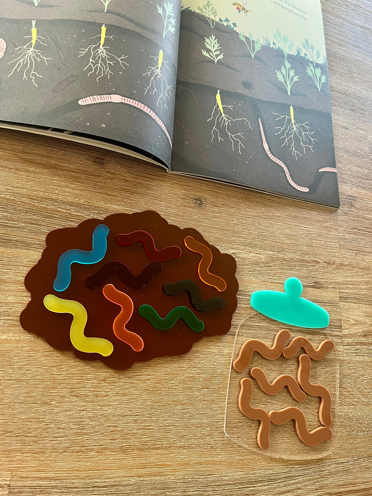 Little Dry Erasables - Worms with Dirt or Jar featuring colorful translucent worm shapes on a brown dirt-shaped tray and a clear jar piece on a wood surface, handcrafted homeschool education resources.