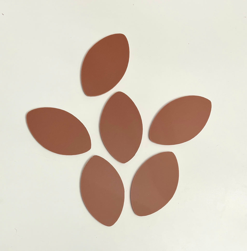 Six smooth, matte reddish-brown oval shapes arranged loosely on a white background