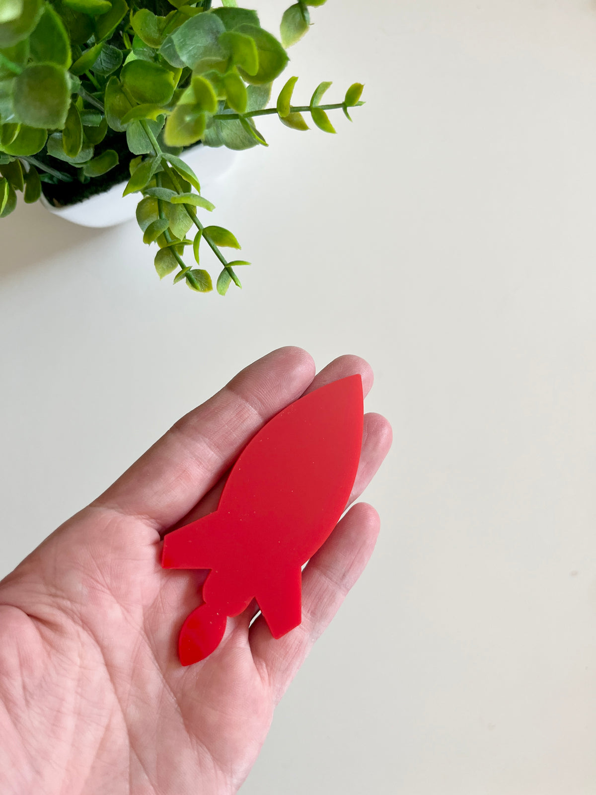 Hand holding a smooth red rocket-shaped cutout with a green leafy plant in a white pot in the background