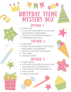 Playful birthday-themed graphic with party icons and three mystery box options listed in colorful text